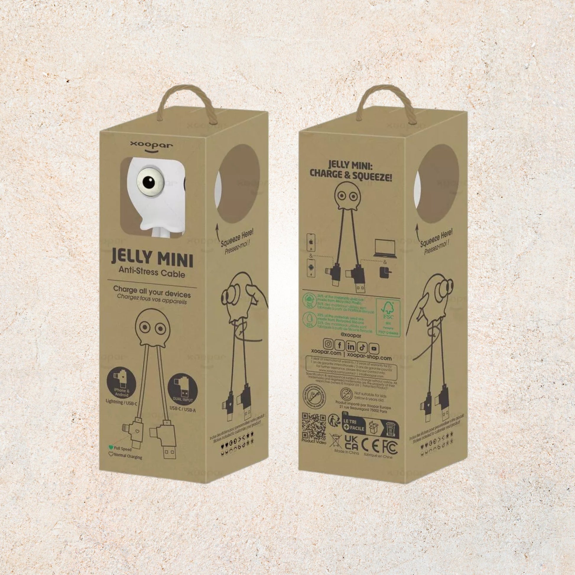 Câble Multi-Connecteurs Anty Stress Jelly GRS, USB-C/Lightning, tactile et durable, compatible smartphones, GoPro et accessoires, fabrication éco-responsable | XOOPAR