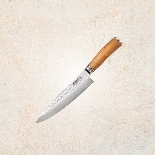 Couteau de chef Wusaki Damas 10Cr 20 cm avec manche en bois d’olivier | Les Découpeurs