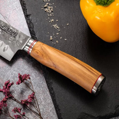 Couteau Santoku Wusaki 17 cm lame Damas 67 couches manche olivier | Les Découpeurs
