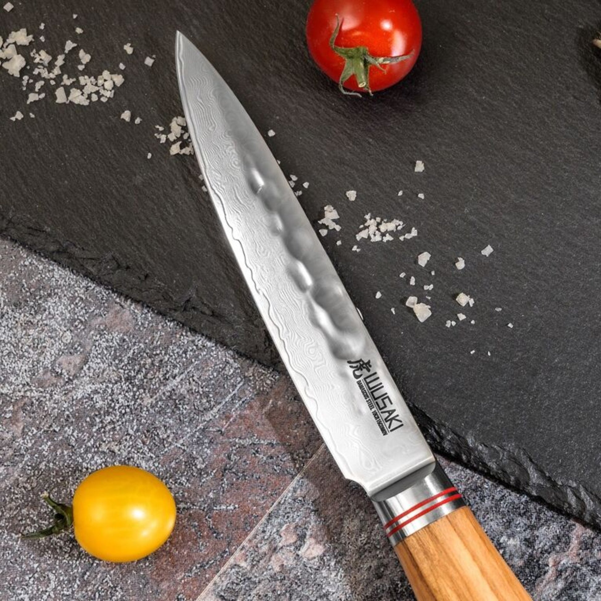 Couteau universel Wusaki 12 cm lame Damas 67 couches manche olivier | Les Découpeurs