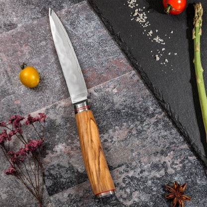 Couteau universel Wusaki 12 cm lame Damas 67 couches manche olivier | Les Découpeurs