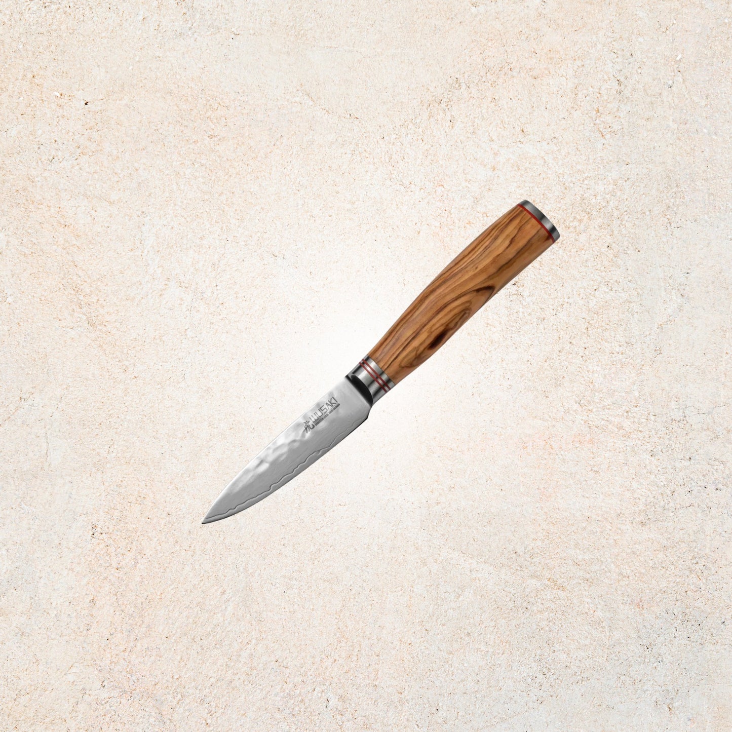 Couteau d’office Wusaki 9 cm lame Damas 67 couches manche olivier | Les Découpeurs