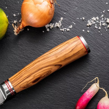 Couteau d’office Wusaki 9 cm lame Damas 67 couches manche olivier | Les Découpeurs