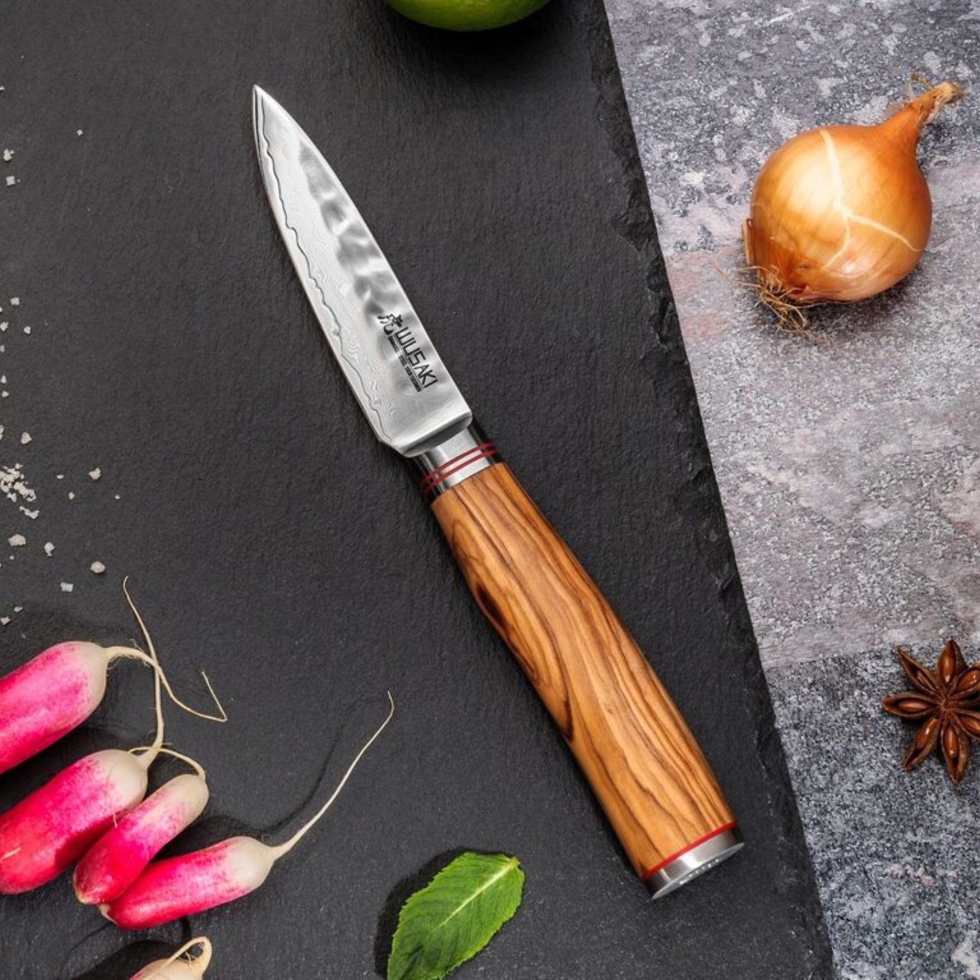 Couteau d’office Wusaki 9 cm lame Damas 67 couches manche olivier | Les Découpeurs