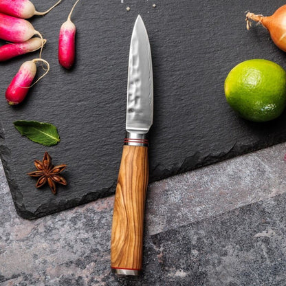 Couteau d’office Wusaki 9 cm lame Damas 67 couches manche olivier | Les Découpeurs