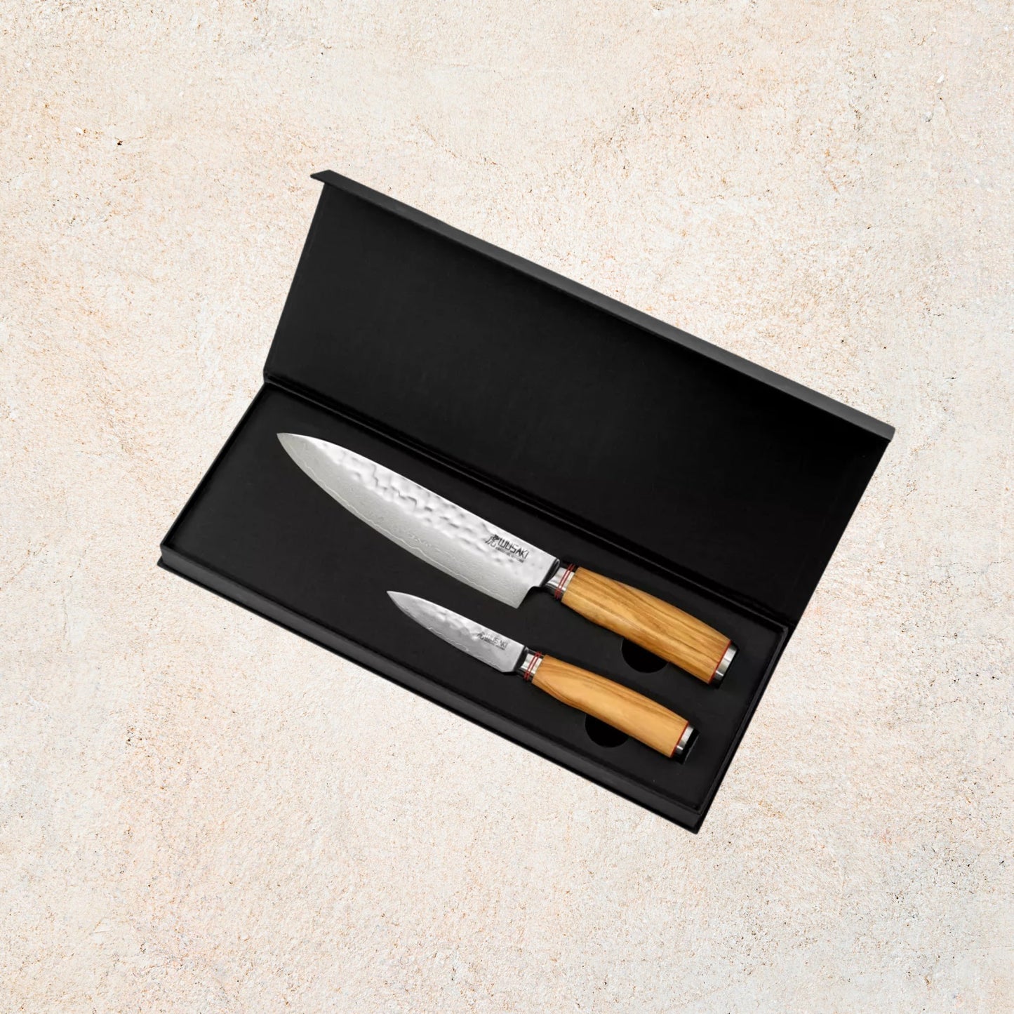 Coffret Couteau de Chef 20 cm + Office 9 cm Wusaki Damas 67 couches manches olivier | Les Découpeurs