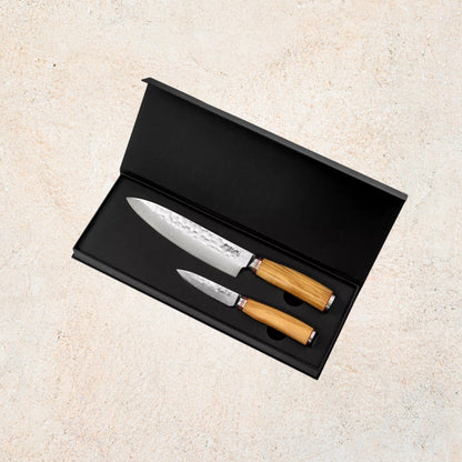 Coffret Couteau de Chef 20 cm + Office 9 cm Wusaki Damas 67 couches manches olivier | Les Découpeurs