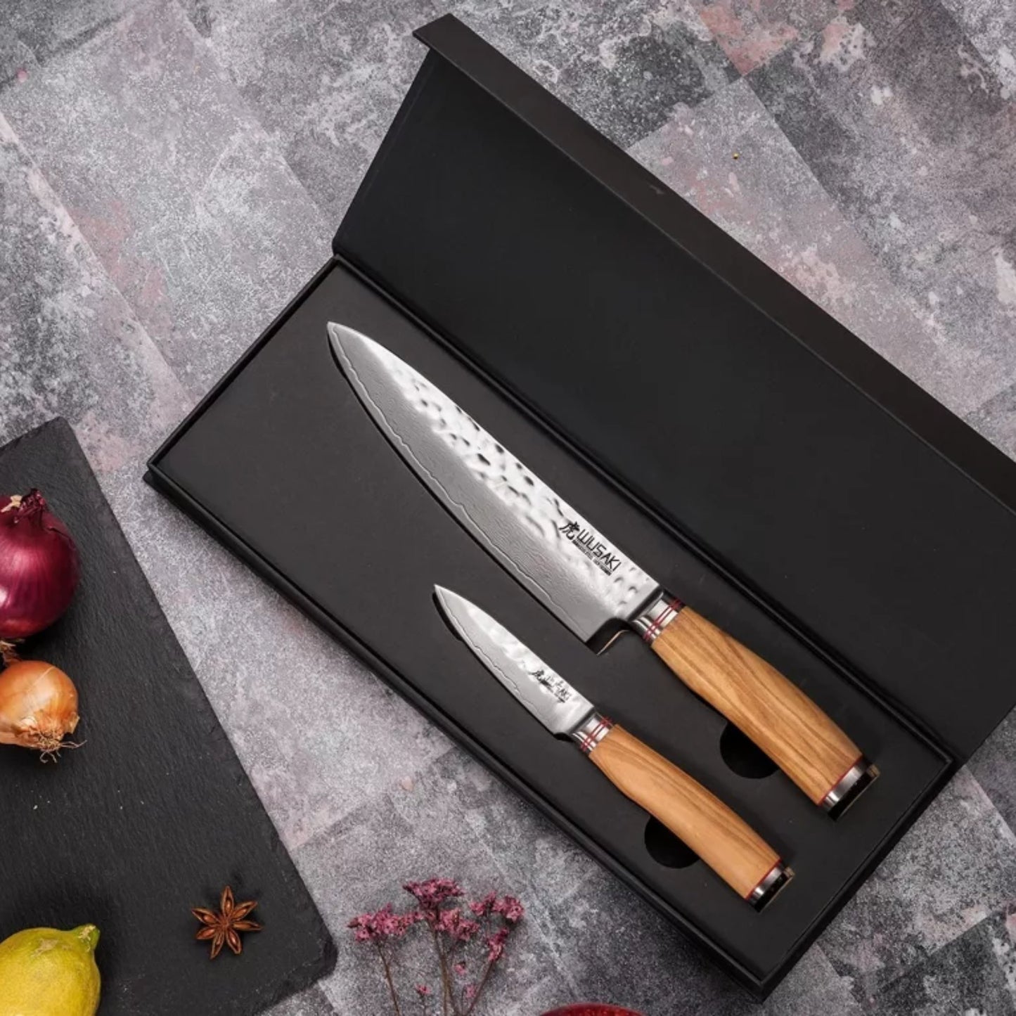 Coffret Couteau de Chef 20 cm + Office 9 cm Wusaki Damas 67 couches manches olivier | Les Découpeurs