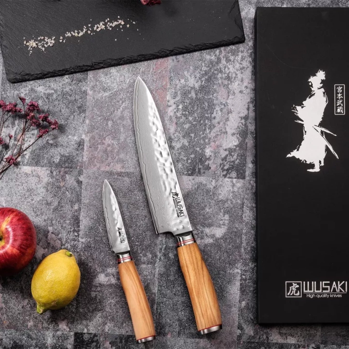 Coffret Couteau de Chef 20 cm + Office 9 cm Wusaki Damas 67 couches manches olivier | Les Découpeurs