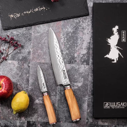 Coffret Couteau de Chef 20 cm + Office 9 cm Wusaki Damas 67 couches manches olivier | Les Découpeurs
