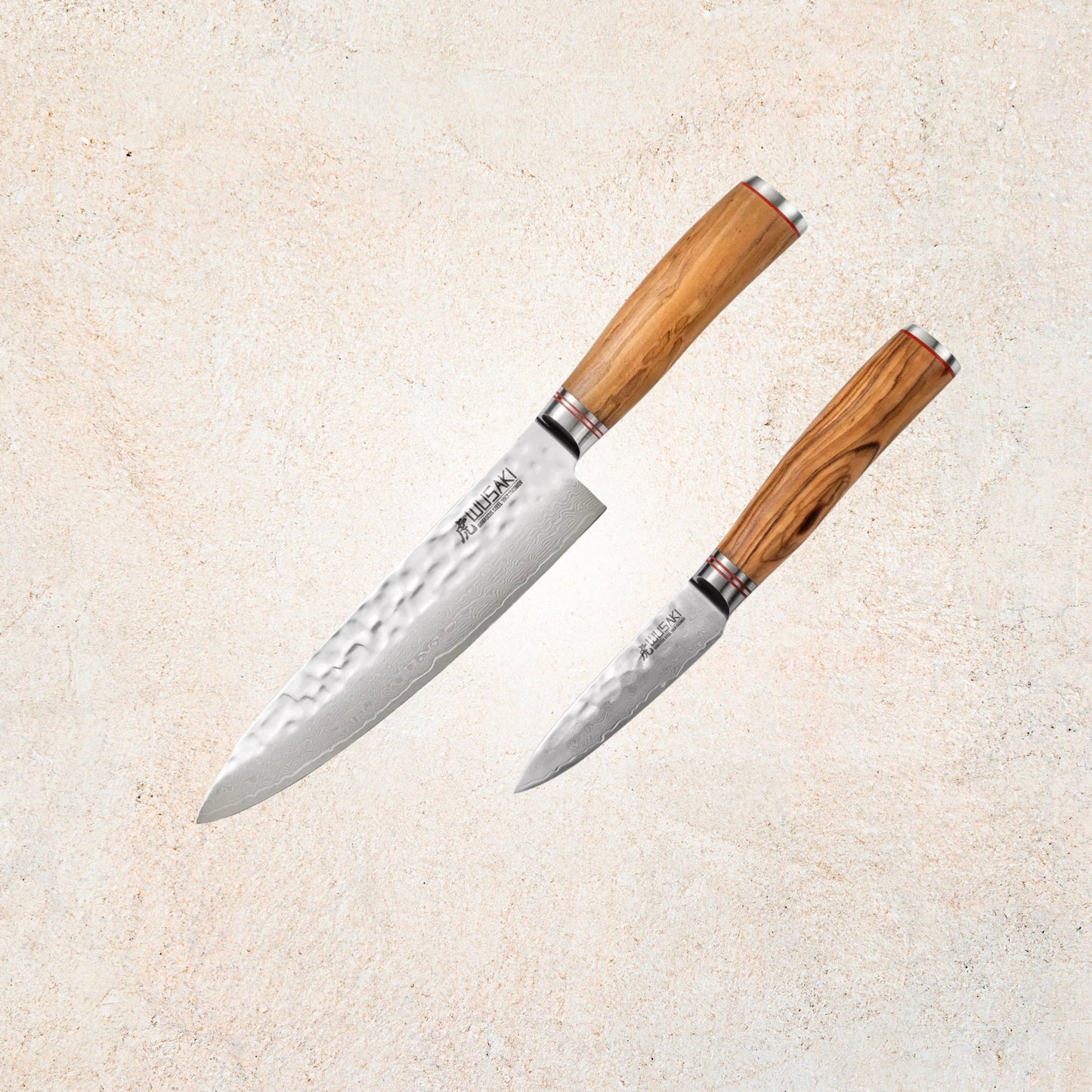 Coffret Couteau de Chef 20 cm + Office 9 cm Wusaki Damas 67 couches manches olivier | Les Découpeurs