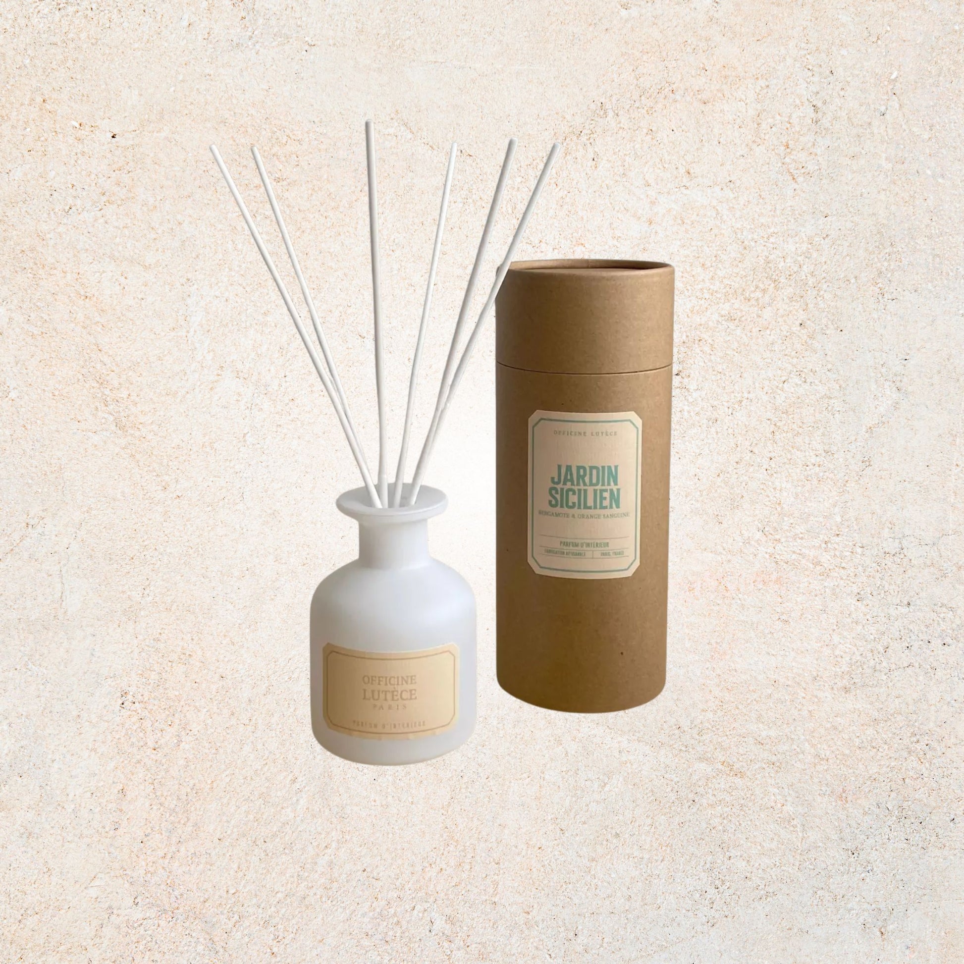 Diffuseur d’intérieur Jardin Sicilien 100 ml, parfum frais Bergamote & Orange Sanguine, diffusion longue durée, fabrication artisanale | Officine Lutèce