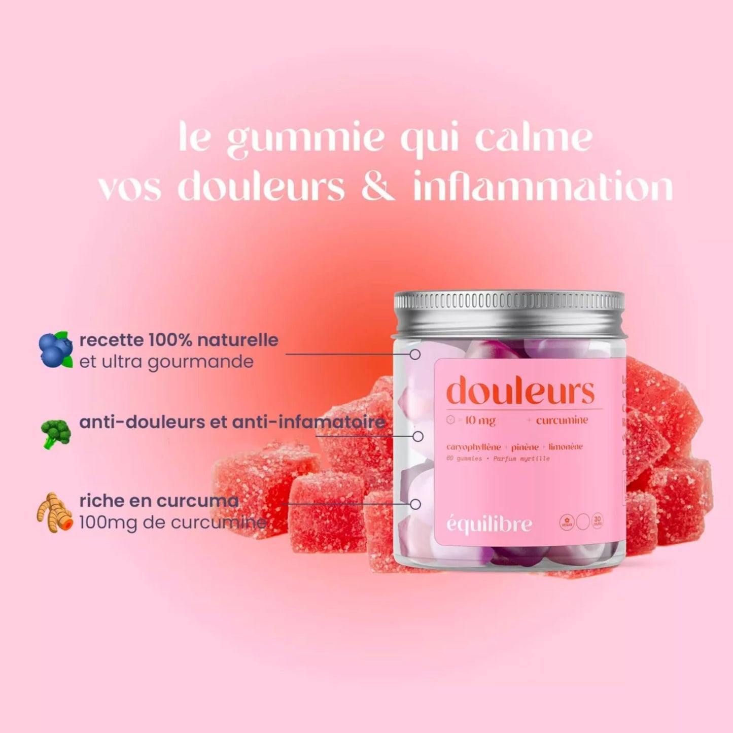 Gummies Douleurs Équilibre – compléments au CBG et curcumine pour soulager douleurs et inconfort