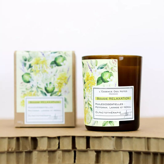 Bougie Petit Grain & Néroli Relaxation 180g, parfum floral et apaisant aux huiles essentielles, fabrication française | L’Essence des Notes