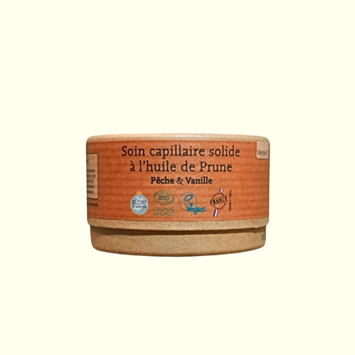 Soin capillaire solide COMME AVANT à l'huile de Prune bio – Pour cheveux secs et cassants, senteur Pêche & Vanille