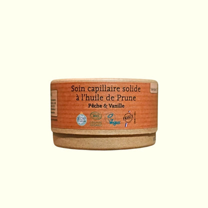Soin capillaire solide COMME AVANT à l'huile de Prune bio – Pour cheveux secs et cassants, senteur Pêche & Vanille