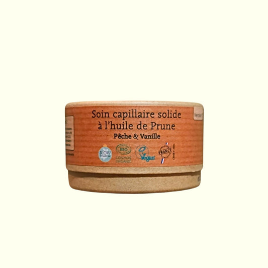 Soin capillaire solide COMME AVANT à l'huile de Prune bio – Pour cheveux secs et cassants, senteur Pêche & Vanille