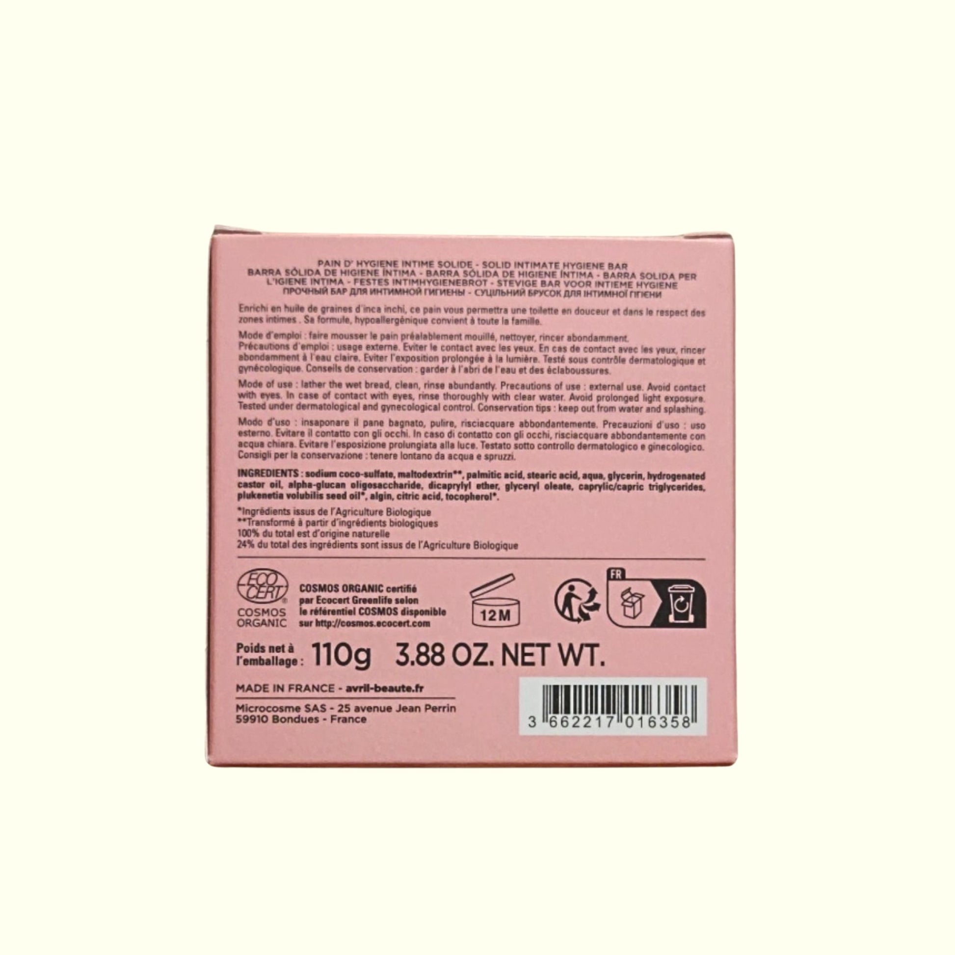 Savon Hygiène Intime Solide AVRIL - Certifié Bio, Doux et Hypoallergénique