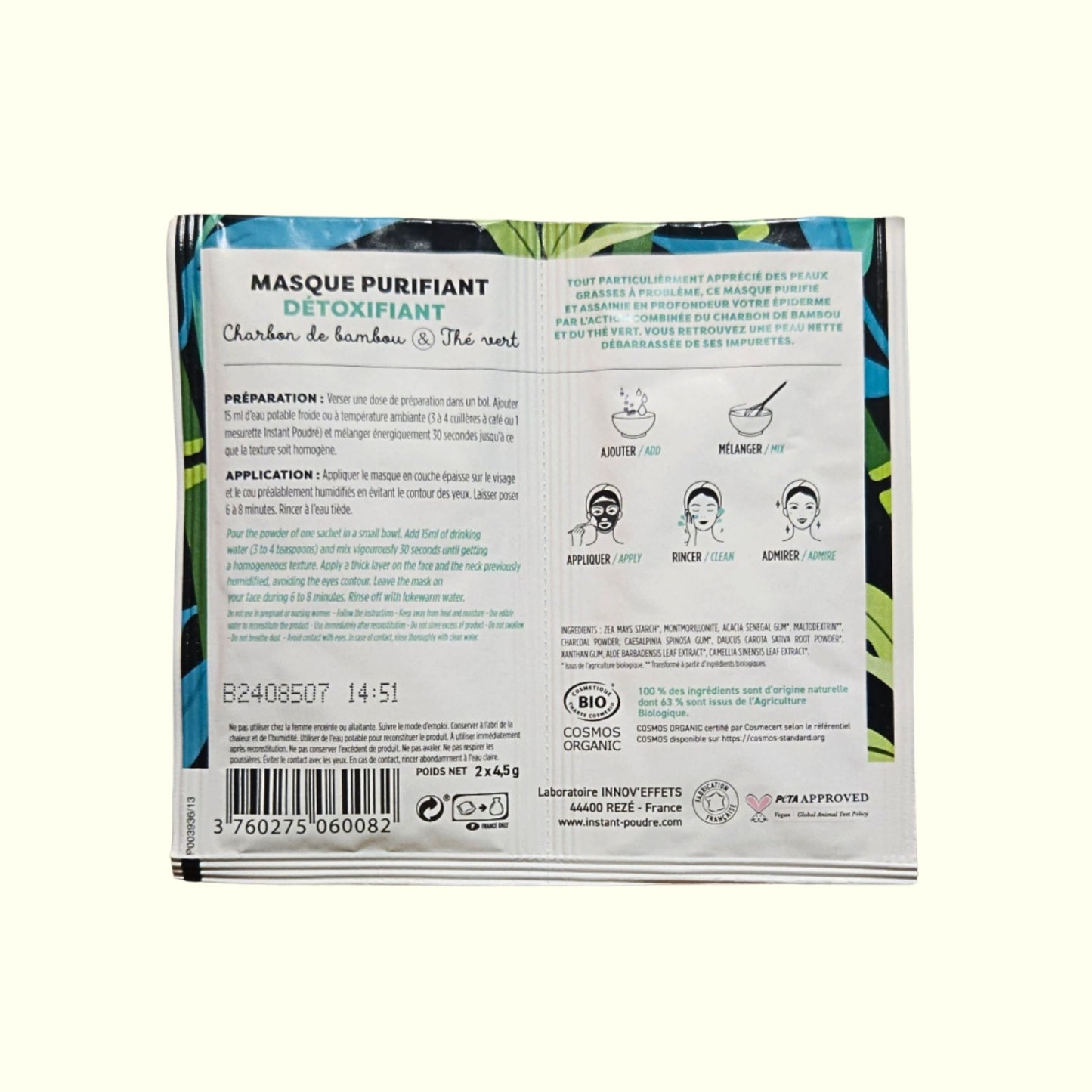 Masque Bio Purifiant Détoxifiant INSTANT POUDRE au Charbon – Anti-Brillance & Peau Nette | Soin Naturel Visage
