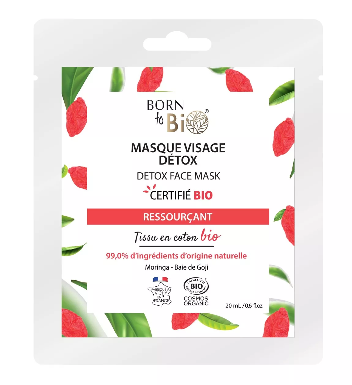 Masque Visage Détox Bio en Coton | Aloe Vera, Moringa, Goji | Born to Bio