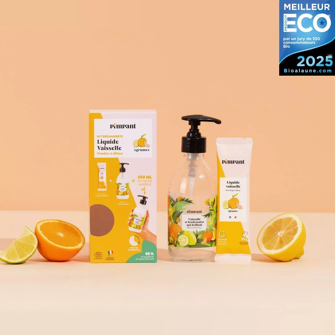 Kit Découverte Liquide Vaisselle Agrumes Pimpant – Flacon Verre 250ml + 1 Éco-Recharge Poudre Naturelle