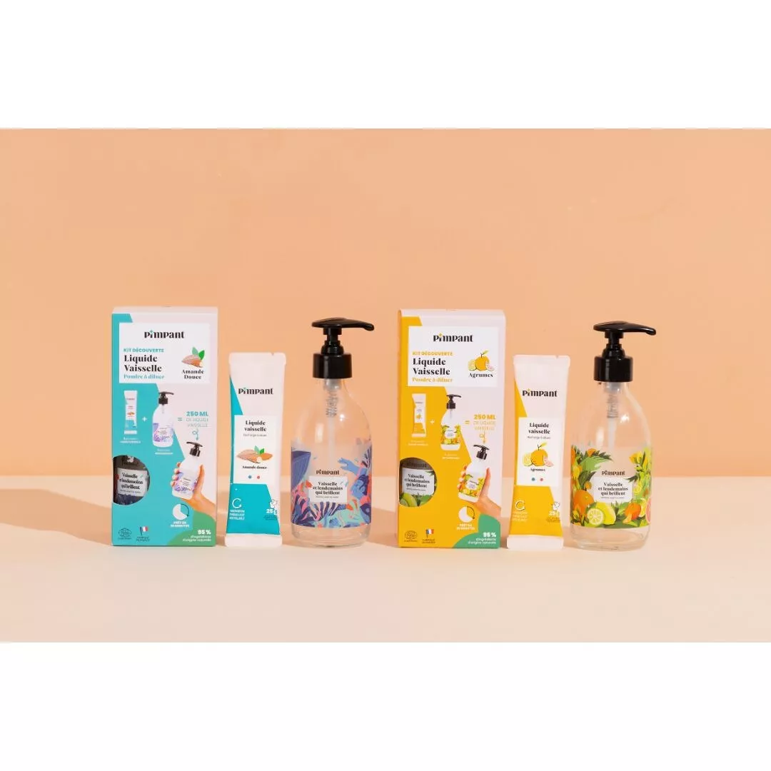 Kit Découverte Liquide Vaisselle Agrumes Pimpant – Flacon Verre 250ml + 1 Éco-Recharge Poudre Naturelle