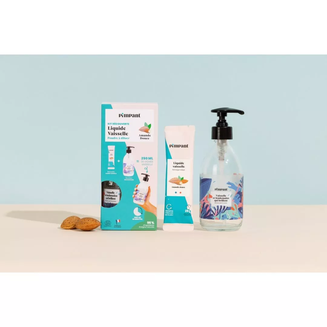 Kit Découverte Liquide Vaisselle Amande Pimpant – Flacon Verre 250ml + 1 Éco-Recharge Poudre Naturelle