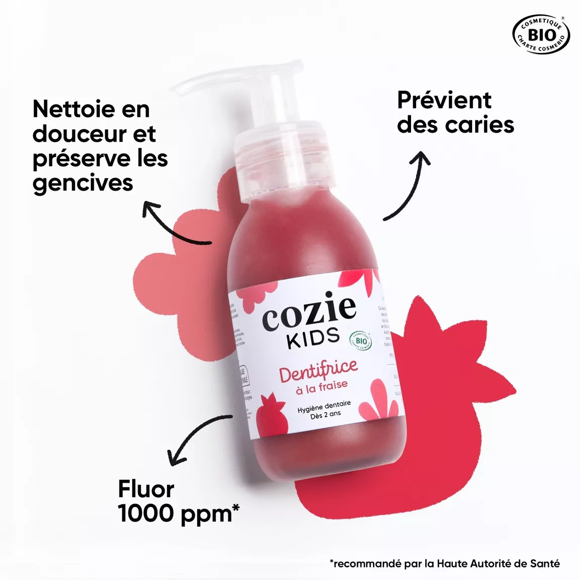 Dentifrice Enfant Bio Fraise 90ml - Cozie, Nettoyage Doux & Prévention Caries