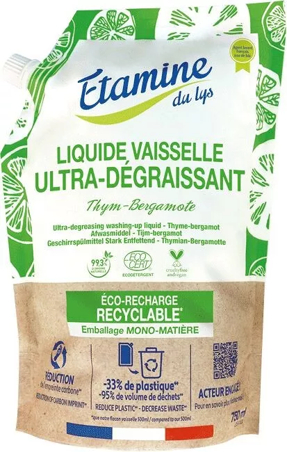 Éco-Recharge Liquide Vaisselle Ultra-Dégraissant Thym & Bergamote - 750ml - Étamine du Lys