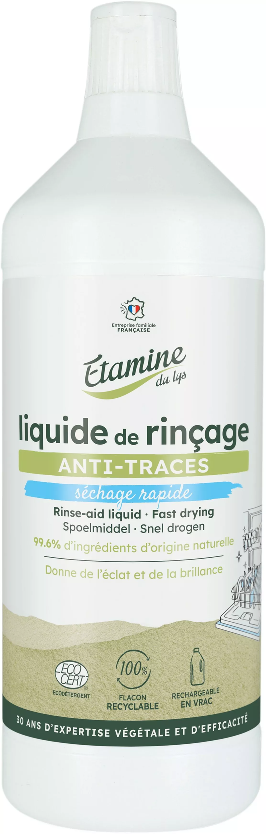 Liquide de Rinçage 1L Étamine du Lys - 99,6% Ingrédients Naturels - Brillance, Séchage Rapide & Vaisselle Sans Traces