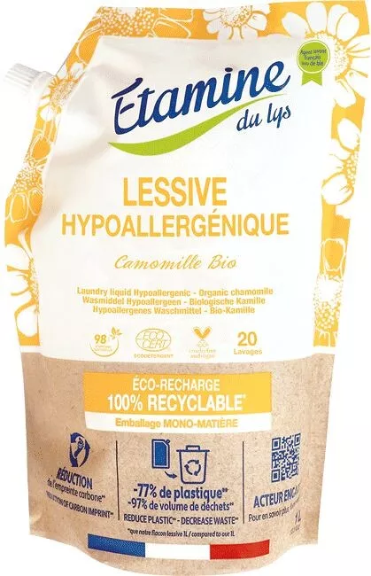 Eco-Recharge Lessive Liquide Hypoallergénique Camomille Etamine du Lys – 98% Naturel | 1L