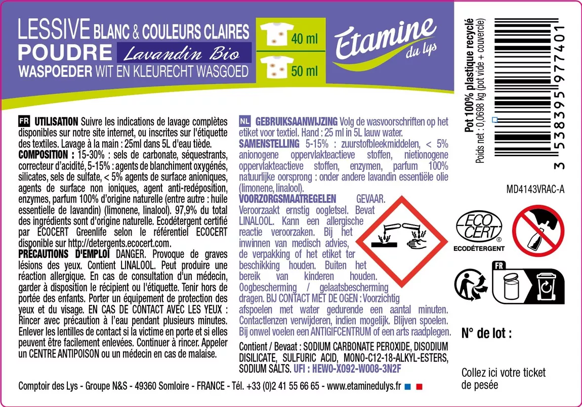 Lessive Poudre Lavandin Etamine du Lys – 97,9% Naturel | Anti-Grisaillement | 2KG