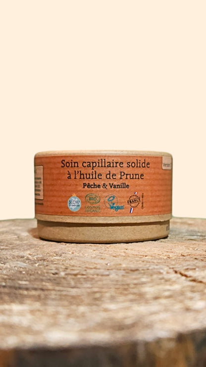 Soin capillaire solide COMME AVANT à l'huile de Prune bio – Pour cheveux secs et cassants, senteur Pêche & Vanille